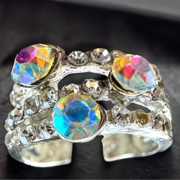 Adjustable Aurora Borealis Statement Ring Triple Band Silver Tone Sparkle - Picture 5 of 16